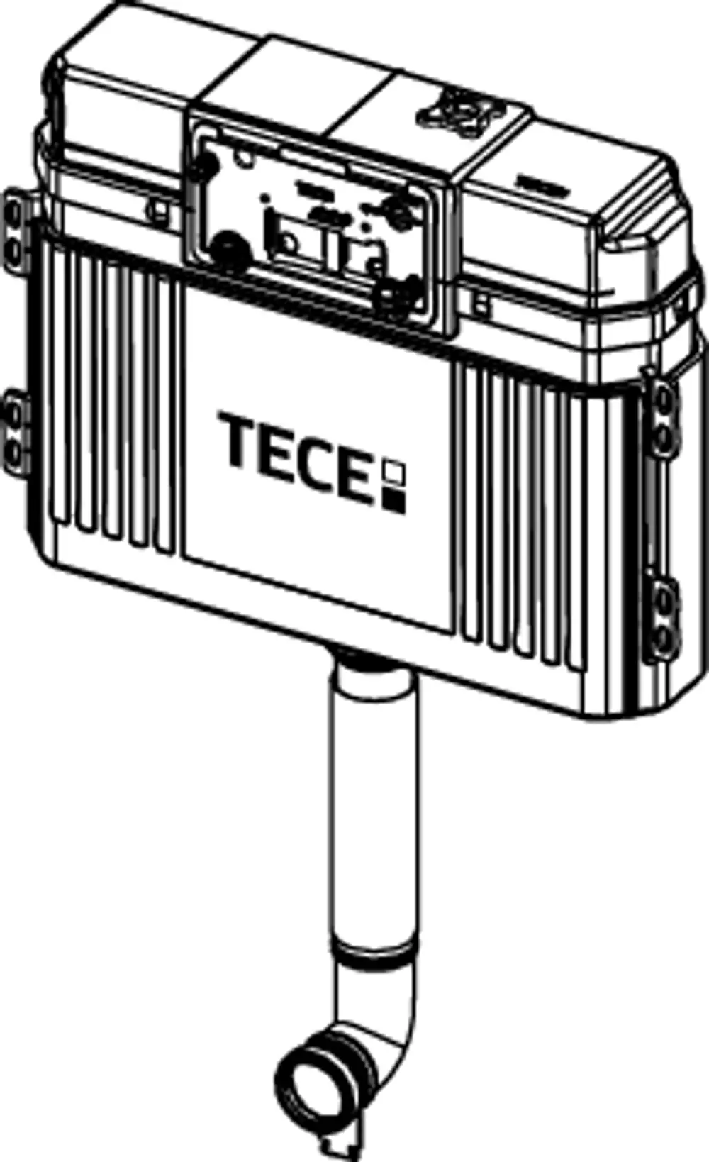 Spülkasten von TECE in offener Bauweise, mit seitlichen Montageschienen und einem Abflussrohr, das an das Rohrsystem angeschlossen wird.
